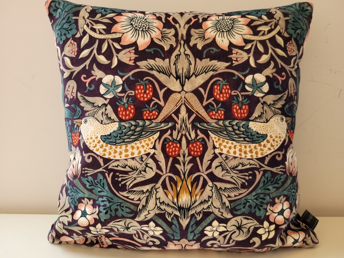 William Morris Strawberry Thief Velvet Mulberry Teal Cushion