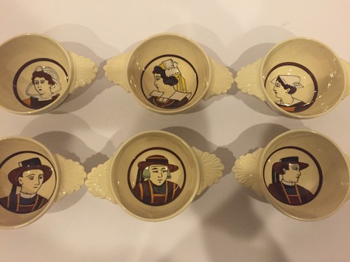 Set Of Six Early HB Quimper Lug Bowls Brown Decor Beton Men And Women Rare - Picture 2 of 12