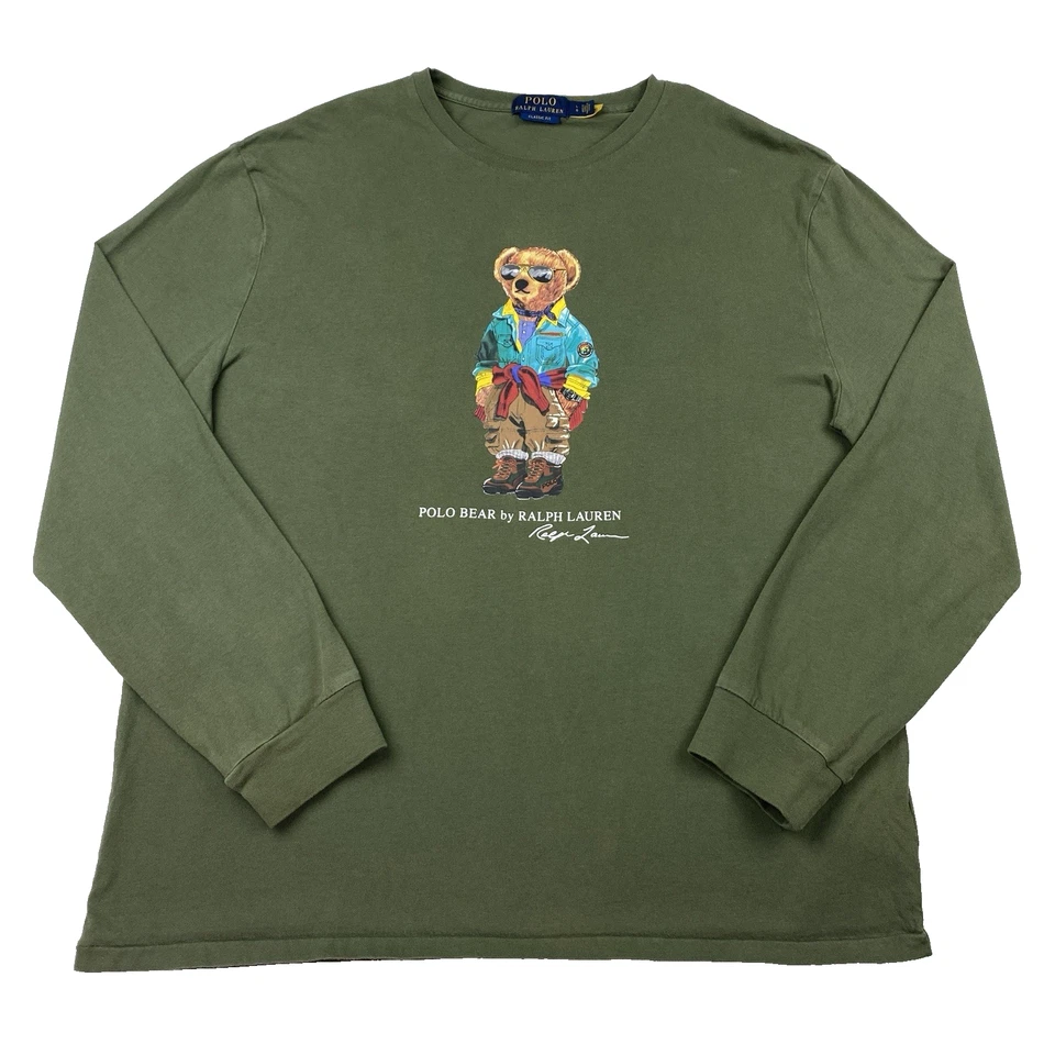 Polo Ralph Lauren Para Hombres Grande Manga Larga Polo Oso Gráfico Camiseta Calce Clásico Verde Foto 2 de 4