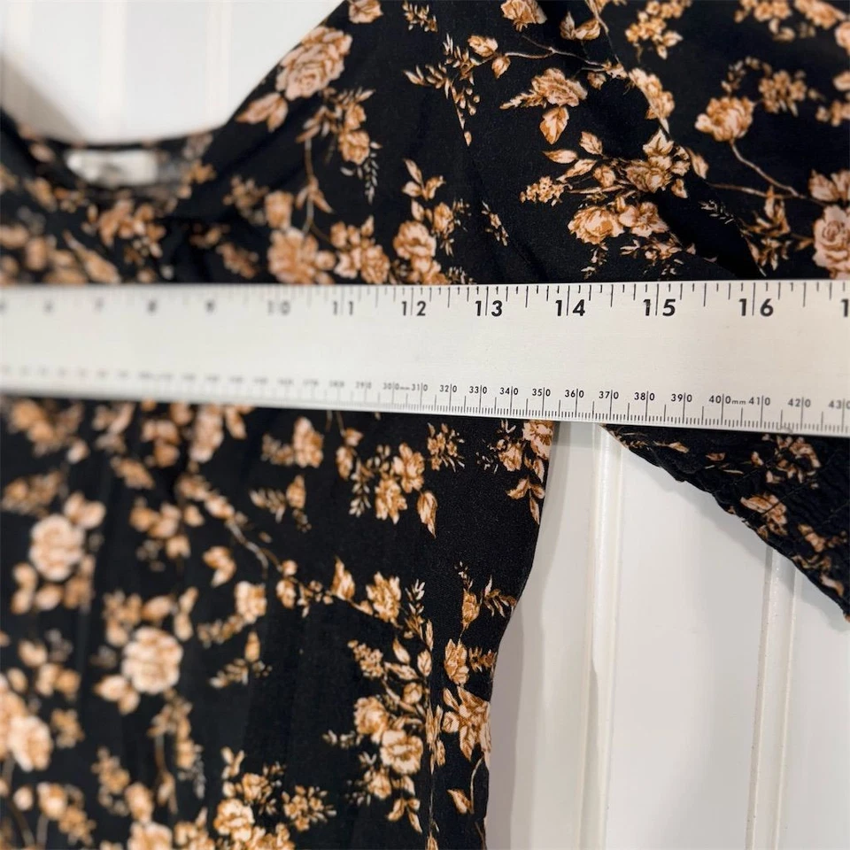 Maurices Black Floral Puff Sleeve Midi Dress Size M Smocked Back Cottagecore - Image 3 of 4