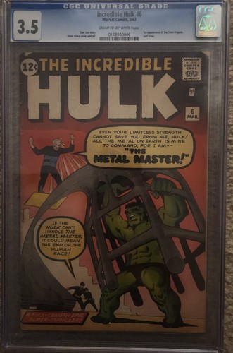 Incredible Hulk #6 Marvel Comics 1963 1st Appearance Teen Brigade &Metal CGC 3.5