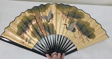 Vintage Asian Fan Hand Painted Birds, Gilded Gold, Large Fold Out Fan, Wall Art 