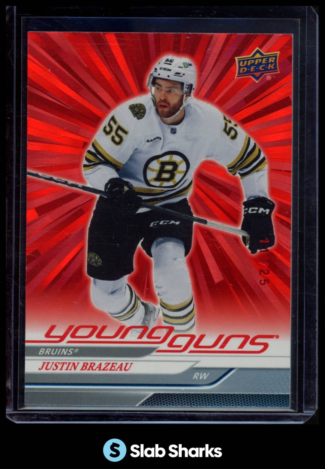 2024 UPPER DECK #222 JUSTIN BRAZEAU OUTBURST RED YOUNG GUNS RC ROOKIE /25