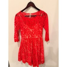 Free People Red Floral Lace Fit and Flare Dress 3/4 Sleeve Eyelash Trim Size 4
