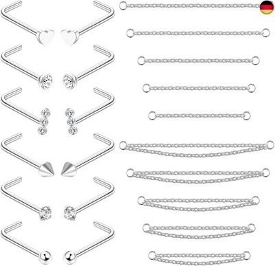 12 Stück Nasenstecker 10 Stück Nasenkette Piercing Chirurgenstahl Nasenring mit
