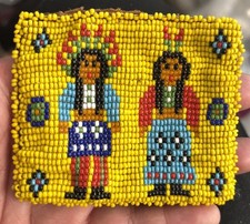 Vintage Seed Bead Native American Theme Button Coin Purse Leather Lined