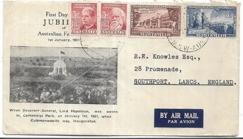 50th ANNIV OF COMMONWEALTH OF AUSTRALIA TYPED FDC TO GB MY REF 439