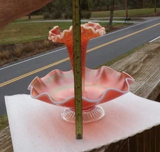 DUGAN PEACH OPALESCENT CARNIVAL GLASS  "FISHNET"  TEN RUFFLE "EPERGNE"