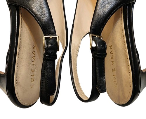 Cole Haan Maya Peep Toe Pumps Women 8B Black Leather Slingback Buckle - Picture 24 of 24