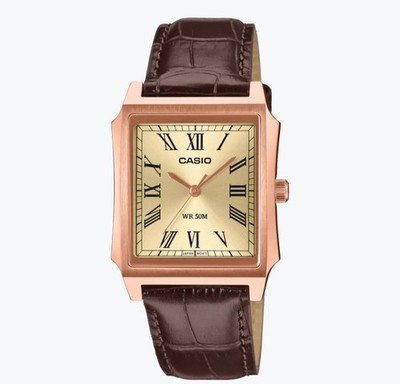 Casio MTP-B190RGL-9BV Rose Gold Tank Watch Brown Leather NEW 2026 Roman Dial