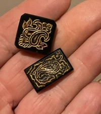 Antique Buttons - pair of black glass buttons with paisley design, metal shank