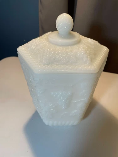 Vintage Fire King Anchor Hocking Milk Glass Canister Cookie Jar Grape Pattern