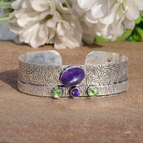 Amethyst & Peridot Cut Gemstone Cuff 925 Sterling Silver Attractive Bracelet - Picture 3 of 9