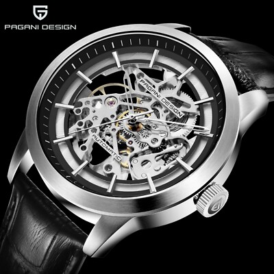 PAGANI DESIGN Automatic Men's Watch Leather Strap Skeleton