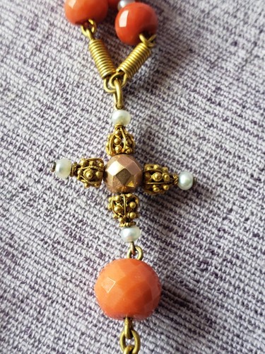 Rosenkranz antik 19-Jh Gold&facettierte Korallen&See Perlen rosarium Gebetskette - Bild 8 von 17