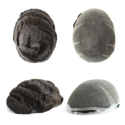 Mens Toupee Swiss Lace Bleached Human Hair Replacement Systems Hairpieces #2