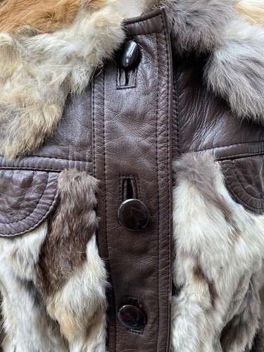 Vintage 70s Cream Brown Beige Rabbit Fur? Leather Coat 10 Big Collar - Picture 3 of 17