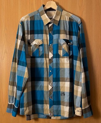 John Lennon Size XL Turquoise/Tan Plaid Long Sleeve Pearl Snap Front Shirt 