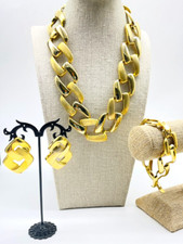 Square Link Chain Necklace Bracelet Earrings Set Gold Tone Textured Chunky