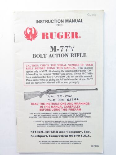 1985 Instruction Manual for Ruger M-77 Bolt Action Rifle - Afbeelding 1 van 6