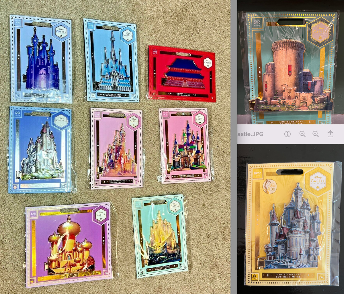 DISNEY CASTLE COLLECTION 10 PINS/COLLECTOR DISPLAY CASE + Collector Pin NIB