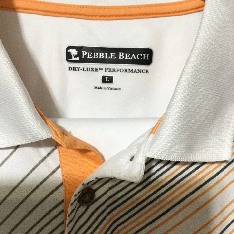 Polo Mens Golf Shirt Pebble Beach Large Performance Striped White Orange Gray - Image 3 of 4