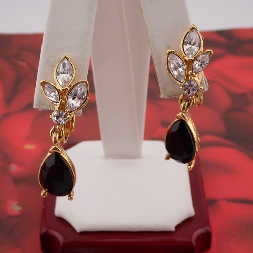 Newer Anne Klein Black Crystal Dangle Drop Clip Earrings - Picture 4 of 5