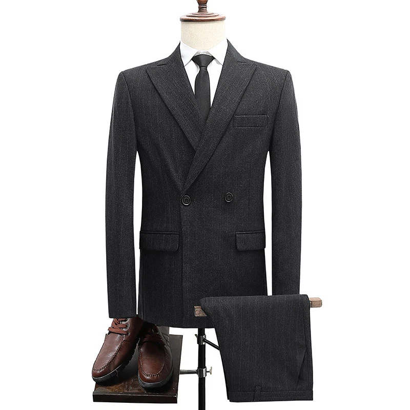 Men's Slim Suit Set Black Casual Double Breasted Jacket Business Wedding Blazers - Image 4 of 4