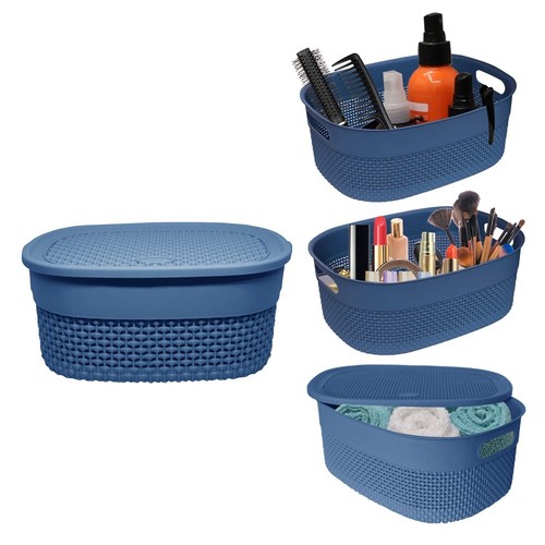 Plastic Storage Basket With Lid 4L Droplette Home Office Tidy Organiser - Blue - Picture 1 of 11