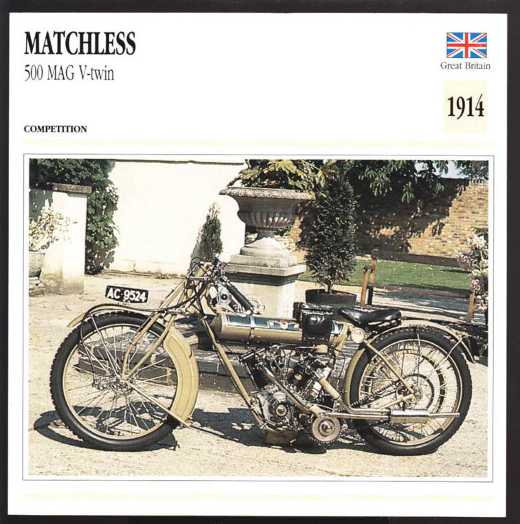 1914 Matchless 500cc MAG V Twin Race Motorcycle Photo Spec Sheet