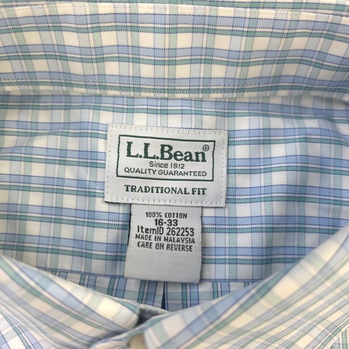 LL Bean Dress Shirt 16 33 Blue Green Check Button Down Cotton Traditional - Picture 3 of 8