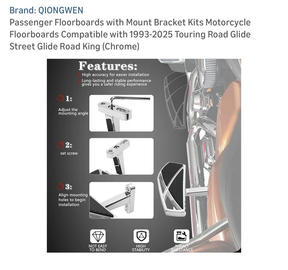 Chrome Adjustable Passenger Floorboard Pegs for Harley Touring Road Street Glide - Image 4 of 4