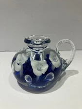 Rare Joe St. Clair Finger Candle Holder blue w white flowers Glass Paperweight