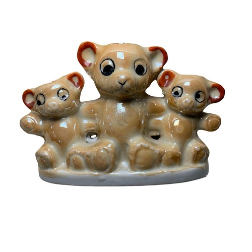 Vintage Japanese Lusterwear 3 Teddy Bear Toothpick Vase Figurine - Picture 1 of 7