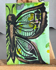 ACEO Original Moth Butterfly In Flowers Abstract Art Green Gold 2.5×3.5 OOAK — photo 1