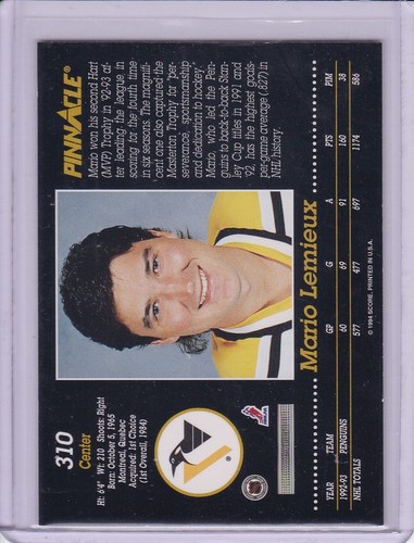 Mario Lemieux 1993 Pinnacle Hockey Card 310 Grade NMMT - Picture 2 of 2