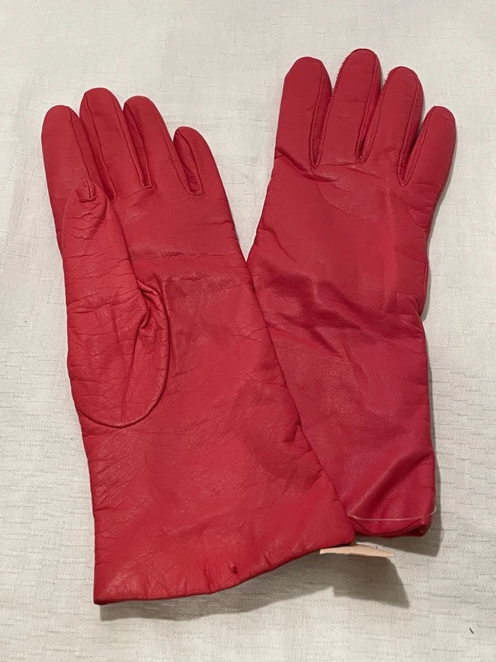 Vintage JC Penny Hot Pink Leather Gloves w/ Cashmere Lining W Sz M New Old Stock - Image 2 of 4