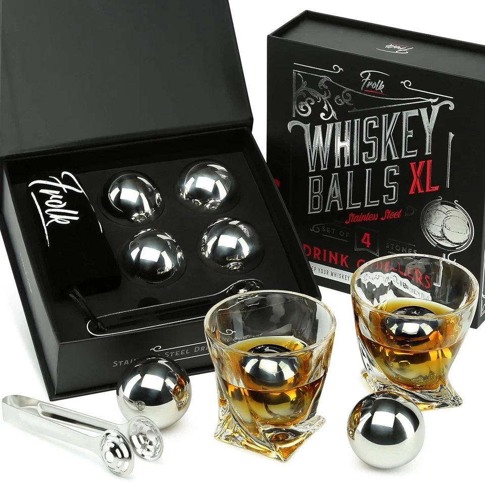 Juego de regalo de lujo: 4 bolas y pinzas de hielo de whisky XL de acero inoxidable en elegante caja Foto 3 de 4