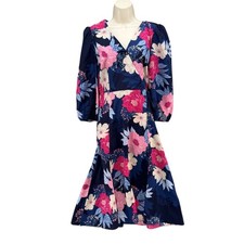 Eliza J Floral Faux Wrap Midi Dress Navy Blue Multi 3/4 Sleeve Lined Size 4