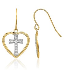 14K Solid Yellow Gold Cross Heart Dangle Earrings