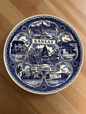 Vintage Kansas Collectible Souvenir State Plate The Sunflower State Blue Rare
