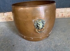 Antique 19th Century Arts & Crafts Copper Lions Head Log Bucket Planter