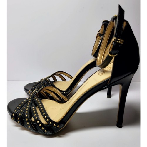 Sam Edelman Angelica Ankle Strap Sandal Heels Black Leather Studded Size 6.5 M - Picture 2 of 9