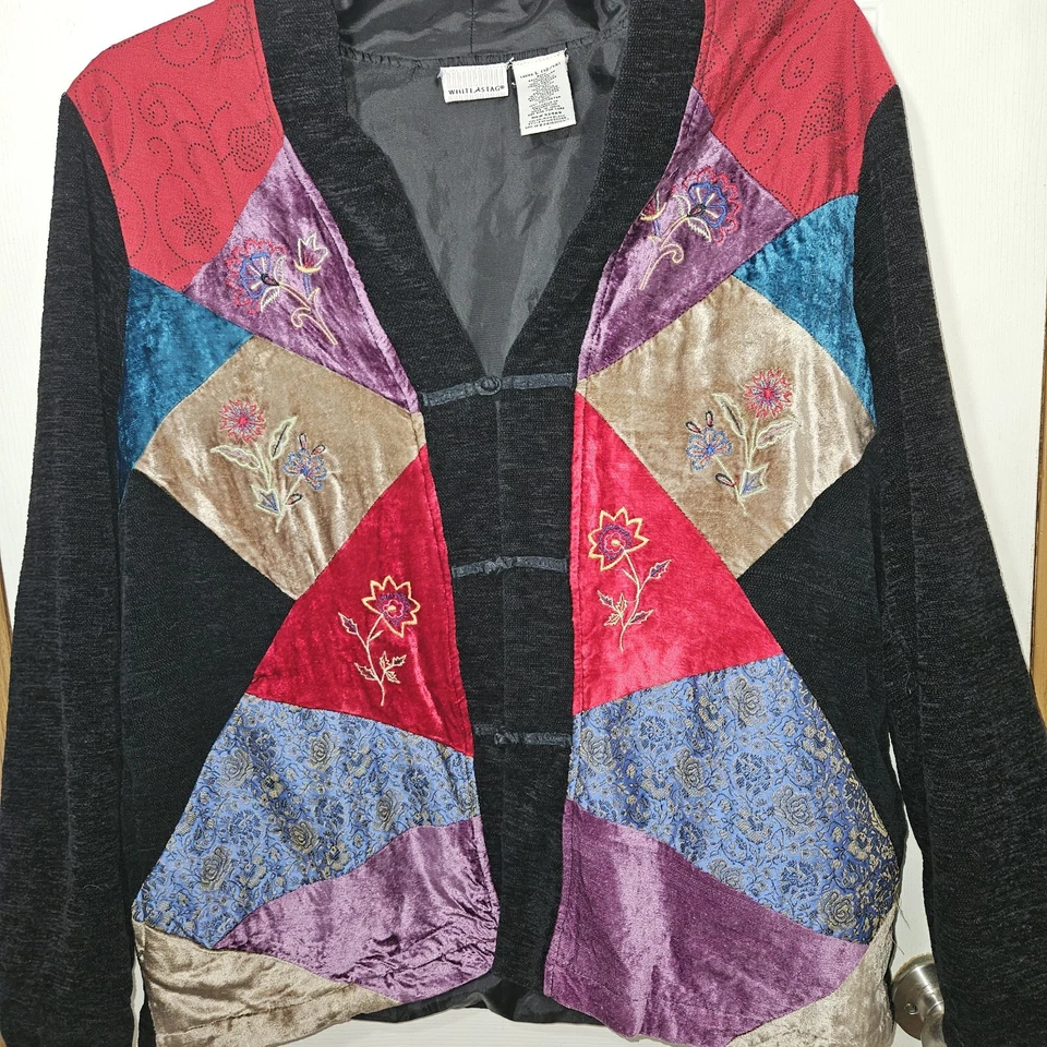 Chaqueta bordada de terciopelo estilo asiático ciervo blanco vintage años 90 bloques de colores talla L Foto 2 de 4