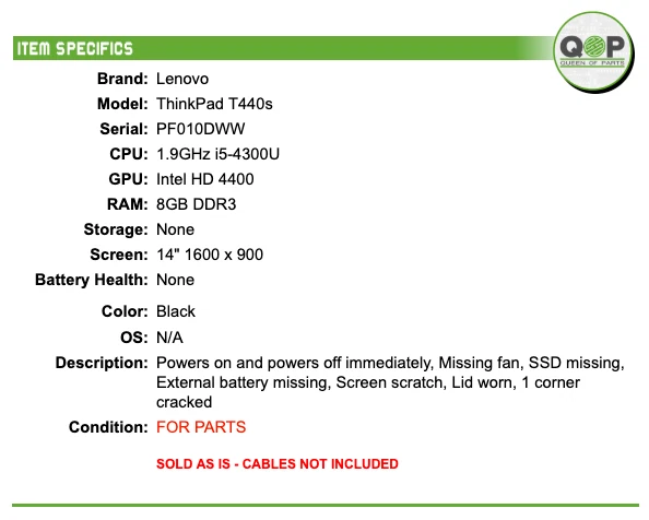 FOR PARTS: Lenovo ThinkPad T440s - 14" HD, 1.9GHz i5, 8GB RAM, NO SSD - Image 2 of 4