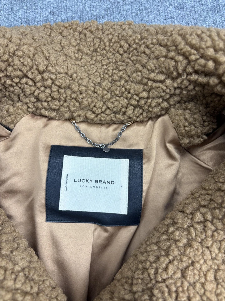 Lucky Brand Coat 女式大号骆驼棕色泰迪夏尔巴人造毛皮扣前衬里 — 第 2/4 张图片