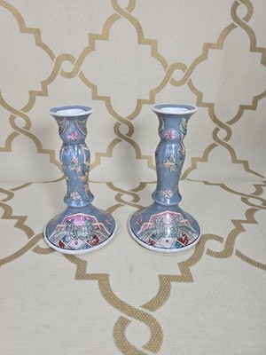 Macau Handpainted Pair Of Candlestick Holder Porcelain Vtg Trumpet Floral Desing
