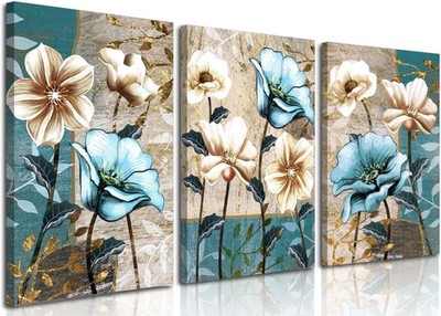3 pcs Lotus Canvas Wall Art Beige and Blue Flowers Painting Picture Wall Decor R