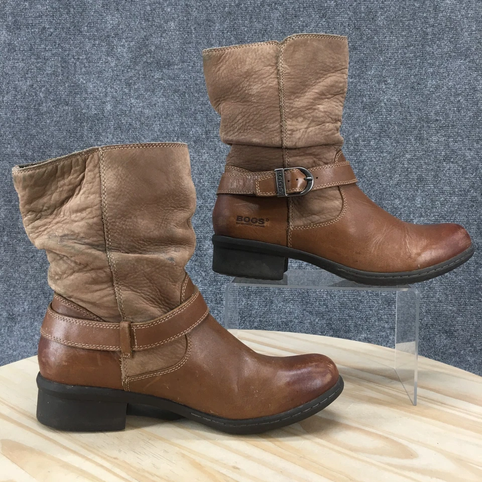 BOGS Botas Mujer 8.5 Carly Media Pantorrilla Pull On Bota de Montar Marrón Cuero Tacones Foto 2 de 4