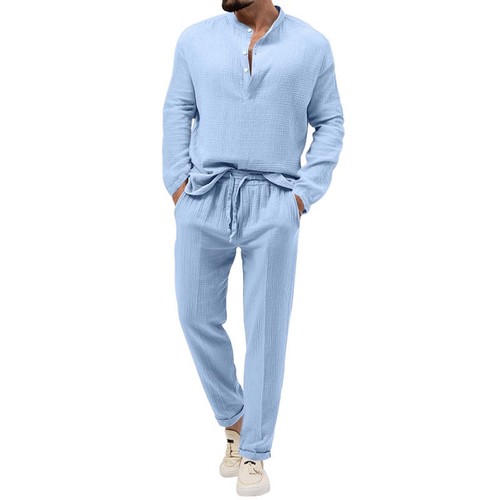 Men 2 Pieces Cotton Linen Set Long Sleeve Henley Shirts Casual Pants With Pocket - Picture 38 of 42